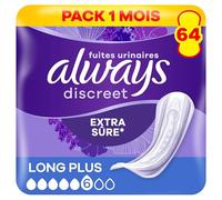 Always Discreet, 64 Serviettes Hygiéniques Incontinence Femme, Long plus 5 Gouttes, Protection Absorbante pour Fuites Urinaires Importantes, Pack 1 Mois