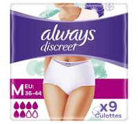 Always Discreet, 9 Culottes Incontinence Femme, Plus 6 Gouttes, Sous-Vêtements Taille M, Blanc, Protection Très Absorbante pour Fuites Urinaires Importantes ou post accouchement