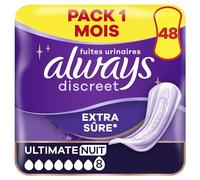 Always Discreet Extra Secure, Serviettes Pour Incontinence ou Fuites Urinaires, Fuites Importantes, Format Eco, 7 Gouttes, Ultimate Night, 48 Pochettes Individuelles (4 x 12 unités)