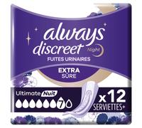 Always Discreet Extra Sûre, 12 Serviettes Hygiéniques Incontinence Femme, Ultimate Nuit 7 Gouttes, Protection Absorbante pour Fuites Urinaires Importantes de Nuit ou post accouchement