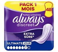 Always Discreet Extra Sûre, 48 Serviettes Hygiéniques Incontinence Femme, Ultimate Jour 6 Gouttes, Protection Absorbante pour Fuites Urinaires Importantes de Jour, Pack 1 Mois