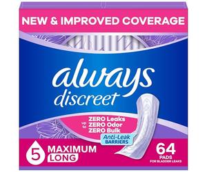 Always Discreet Serviettes d'incontinence pour adultes pour femmes, forte absorption, longue longueur, serviettes post-partum, 64 CT