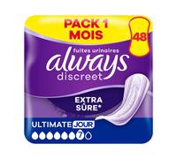 Always Discreet Extra Sûre, 48 Serviettes Hygiéniques Incontinence Femme, Ultimate Jour 6 Gouttes, Protection Absorbante pour Fuites Urinaires Importantes de Jour, Pack 1 Mois