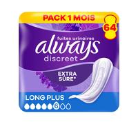 Always Discreet, 64 Serviettes Hygiéniques Incontinence Femme, Long plus 5 Gouttes, Protection Absorbante pour Fuites Urinaires Importantes, Pack 1 Mois