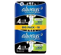Always Lot de 18 serviettes hygiéniques ultra sécurisées pour la nuit, super absorbantes, fines, neutralisant les odeurs, extra couvrantes, taille 4