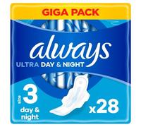 Always Lot de 28 serviettes hygiéniques ultra absorbantes pour femme Taille 3, jour et nuit (28 serviettes hygiéniques avec ailettes) Giga Pack, fines et super absorbantes, neutralisant les odeurs et