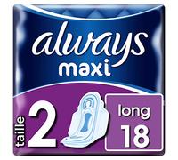 Always Maxi Serviettes Hygiéniques, Taille 2, Long, 18 Serviettes Avec Ailettes, Flux Très Abondants Jour, Cœur Ultra Absorbant et Barrières Anti-Fuites