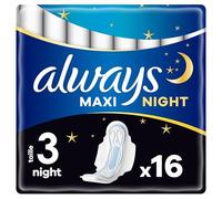 Always Maxi Serviettes Hygiéniques, Taille 3, Night, 16 Serviettes Avec Ailettes, Flux Très Abondants Nuit, Cœur Ultra Absorbant et Barrières Anti-Fuites
