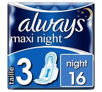 Always Maxi Serviettes Hygiéniques, Taille 3, Night, 16 Serviettes Avec Ailettes, Flux Très Abondants Nuit, Cœur Ultra Absorbant et Barrières Anti-Fuites