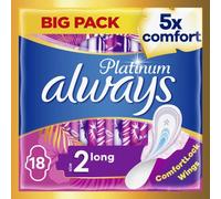 Always Platinum - 18 Serviettes Hygiéniques Avec Ailettes, Long, Taille 2, Flux Moyens Jour - 5 Dimensions de Confort, Design Doux et Flexible, Testées dermatologiquement