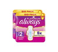 Always Platinum Day Serviettes Hygiéniques Avec Ailettes Flux Modéré Taille 2 - 40 Unités (2 Paquets de 20)