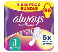 Always Platinum Lot de 24 x 4 serviettes hygiéniques extra confortables, taille 1, standard, flux léger, 96 serviettes avec ailettes douces, protection anti-fuite, micro coussins, Fit&Flex Core,