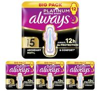 Always Platinum Serviettes Flux Abondant Nuit (Taille 5) 12 Serviettes Menstruelles, Super Absorbantes Et Ultra-Fines, Pour Règles (Lot de 4)