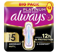 Always Platinum Serviettes Flux Abondant Nuit (Taille 5) 12 Serviettes Menstruelles, Super Absorbantes Et Ultra-Fines, Pour Règles