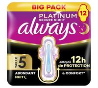 Always Platinum Serviettes Flux Abondant Nuit (Taille 5) 12 Serviettes Menstruelles, Super Absorbantes Et Ultra-Fines, Pour Règles