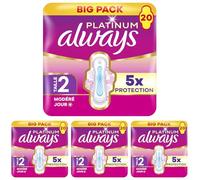 Always Platinum Serviettes Flux Modéré Jour (Taille 2) 20 Serviettes Menstruelles, Super Absorbantes Et Ultra-Fines, Pour Règles (Lot de 4)