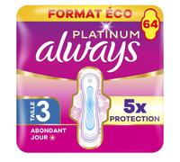 Always Platinum Serviettes Hygiéniques, Taille 3, Day & Night, 64 Serviettes Avec Ailettes, Flux Abondants Jour et Nuit, Format Eco, Douces et Flexibles, Super Absorbantes et Ultra Fines