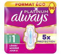 Always Platinum Serviettes Hygiéniques, Taille 1, Normal, 96 Serviettes Avec Ailettes, Flux Légers Jour, Format Eco, Douces et Flexibles, Super Absorbantes et Ultra Fines