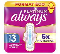 Always Platinum Serviettes Hygiéniques, Taille 3, Day & Night, 64 Serviettes Avec Ailettes, Flux Abondants Jour et Nuit, Format Eco, Douces et Flexibles, Super Absorbantes et Ultra Fines