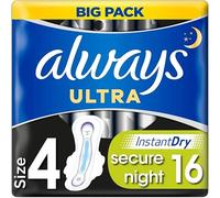 Always Secure Night Lot de 16 serviettes hygiéniques ultra absorbantes et ultra fines avec ailettes Taille 4
