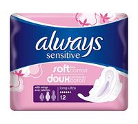Always Sensitive Long Ultra Serviettes Hygiéniques Ailes 12 Serviettes Douces comme du Coton Testées pour être Douces et Sans Parfum Taille 2
