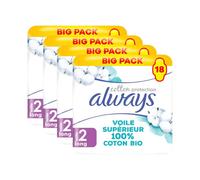 Always Serviettes Bio Protection Coton Bigpack Long Plus X72 (4 Paquets de 18)