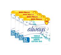 Always Serviettes Hygiéniques Protection Coton Bio Bigpack Nuit X64 (4 Paquets de 16)