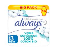 Always Ultra Lot de 16 serviettes hygiéniques pour femme taille 3 avec ailettes, protection en coton biologique, protection sûre et surface 100% coton biologique