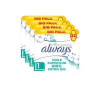Always Serviettes Hygiéniques Protection Coton Taille 1 Normal Paquet de 88 Serviettes (4 Paquets de 22)