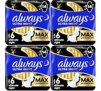 Always Serviettes Menstruelles Ultimate Nuit (Taille∘6) Ailettes x 14, Super Absorbantes, Pour Règles