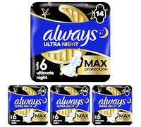 Always Serviettes Menstruelles Ultimate Nuit (Taille∘6) Ailettes x 14, Super Absorbantes, Pour Règles (Lot de 4)