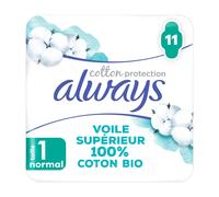 Always Cotton Protection Normal Serviettes Avec Ailettes X11, Voile Supérieur 100% Coton Biologique