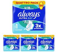 Always Ultra Jour Serviettes Menstruelles Normal (taille 1) Avec Ailettes 56 Serviettes, Super Absorbantes Et Ultra-Fines, Pour Règles (Lot de 4)