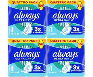 Always Ultra Jour Serviettes Menstruelles Normal (taille 1) Avec Ailettes 56 Serviettes, Super Absorbantes Et Ultra-Fines, Pour Règles (Lot de 4)