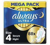 Always Ultra Secure Night Lot de 88 serviettes hygiéniques de nuit avec ailettes, taille 4, lot MEGA Pack, neutralisant les odeurs, noyau super absorbant