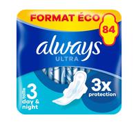 Always Ultra Serviettes Hygiéniques, Taille 3, Day & Night, 84 Serviettes Avec Ailettes, Flux Abondants Jour et Nuit, Format Eco, Max Confort, Super Absorbantes et Ultra Fines