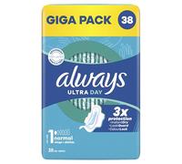 Always Ultra Serviettes hygiéniques pour femme taille 1, Normal (38 serviettes hygiéniques avec ailettes) Giga Pack, fines et super absorbantes, neutralisant les odeurs et protection contre les fuites