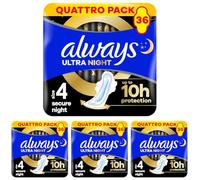 Always Ultra Serviettes Hygiéniques Secure Night (T4) Avec Ailettes x36 Super Absorbantes Et Ultra-Fines, Pour Règles (Lot de 4)