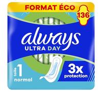 Always Ultra Serviettes Hygiéniques, Taille 1, Normal, 136 Serviettes Sans Ailettes, Flux légers Jour, Format Eco, Max Confort, Super Absorbantes et Ultra Fines