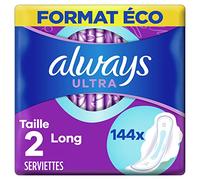 Always Ultra Serviettes Hygiéniques, Taille 2, Long, 144 Serviettes Avec Ailettes, Flux Modérés Jour, Format Eco, Max Confort, Super Absorbantes et Ultra Fines