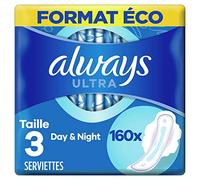 Always Ultra Serviettes Hygiéniques, Taille 3, Day & Night, 160 Serviettes Avec Ailettes, Flux Abondants Jour et Nuit, Format Eco, Max Confort, Super Absorbantes et Ultra Fines