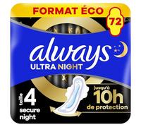 Always Ultra Serviettes Hygiéniques, Taille 4, Secure Night, 72 Serviettes Avec Ailettes, Flux Abondants Nuit, Format Eco, Max Confort, Super Absorbantes et Ultra Fines