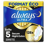 Always Ultra Serviettes Hygiéniques, Taille 5, Extra Secure Night, 128 Serviettes Avec Ailettes, Flux Très Abondants Nuit, Format Eco, Max Confort, Super Absorbantes et Ultra Fines