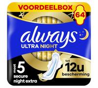 Always Ultra Serviettes Hygiéniques, Taille 5, Extra Secure Night, 64 Serviettes Avec Ailettes, Flux Très Abondants Nuit, Format Eco, Max Confort, Super Absorbantes et Ultra Fines