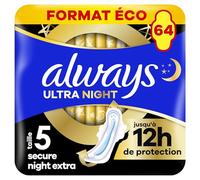 Always Ultra Serviettes Hygiéniques, Taille 5, Extra Secure Night, 64 Serviettes Avec Ailettes, Flux Très Abondants Nuit, Format Eco, Max Confort, Super Absorbantes et Ultra Fines