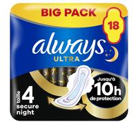 Always Ultra Serviettes Menstruelles Secure Night (taille 4) Avec Ailettes 18 Serviettes, Super Absorbantes Et Ultra-Fines, Pour Règles