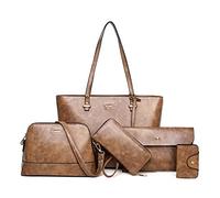 AlwaySky Femme Sacs portés épaule 5PCS Cuir PU Sac à main Sac à Bandouliere Sachet Bourse Pochettes Clutches Portefeuille Sacoche Café