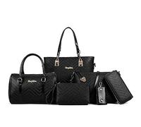 AlwaySky Femme Sacs portés épaule 6PCS Cuir PU Sac à main Sac à Bandouliere Sachet Bourse Pochettes Clutches Portefeuille Sacoche Titulaire de la carte Noir