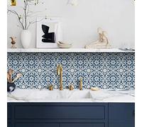 Alwayspon Lot de 10 autocollants de carrelage marocain bleu à coller sur les carreaux muraux en vinyle pour salle de bain, cuisine, crédence, cuisinière - 15 cm