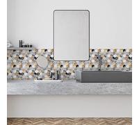 Alwayspon Lot de 12 autocollants muraux en vinyle pour carrelage de cuisine et salle de bain - Effet marbre gris et doré - 15 cm